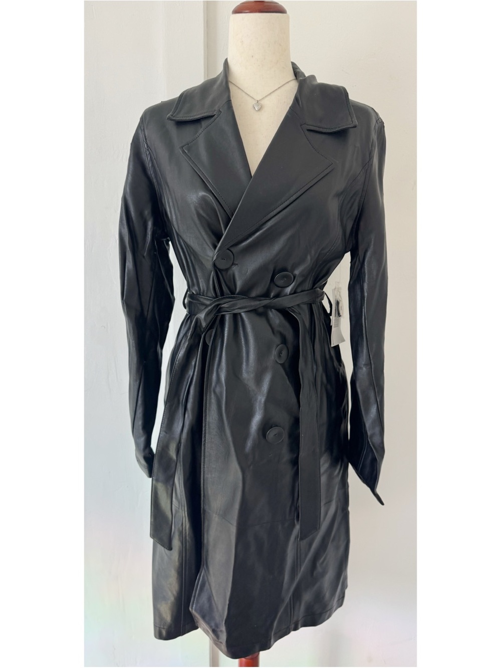 Just Fab Black Pleather Winter Trench Coat